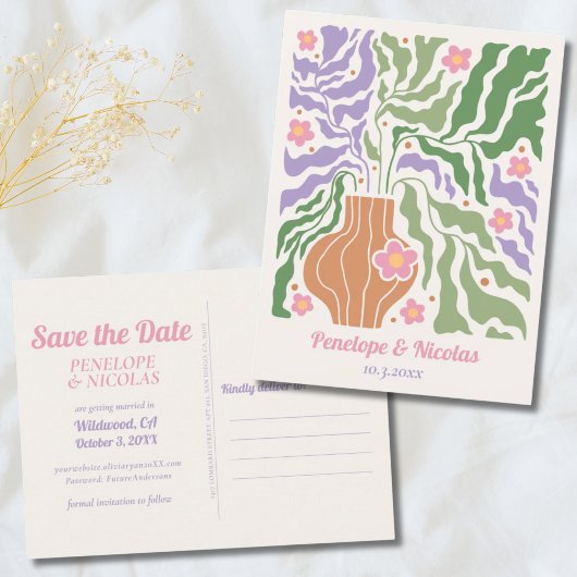 Boho Retro Bloemen Bruiloft Save the Date Briefkaa Briefkaart