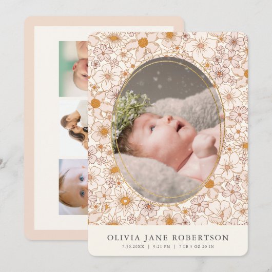 Boho Retro Bloemen Meisje Foto Geboorte Aankondigi Kaart (Voorkant / Achterkant)