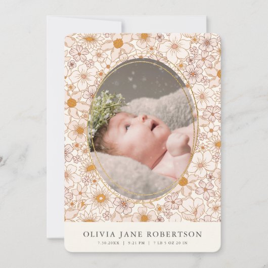 Boho Retro Bloemen Meisje Foto Geboorte Aankondigi Kaart (Voorkant)