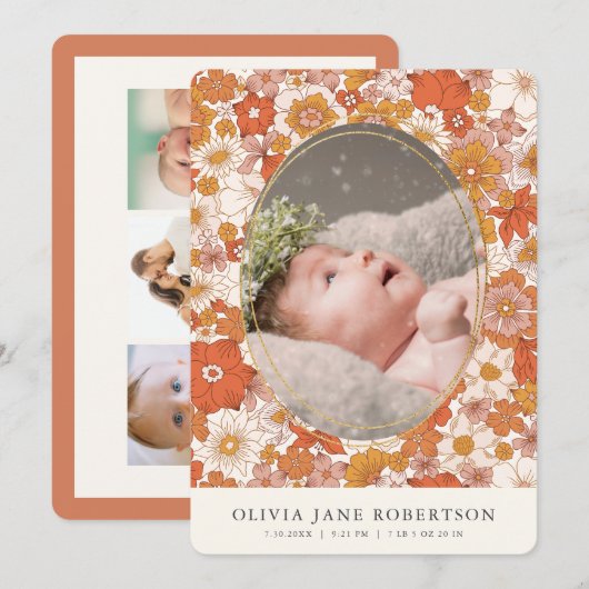 Boho Retro Bloemen Meisje Foto Geboorte Aankondigi Kaart (Voorkant / Achterkant)