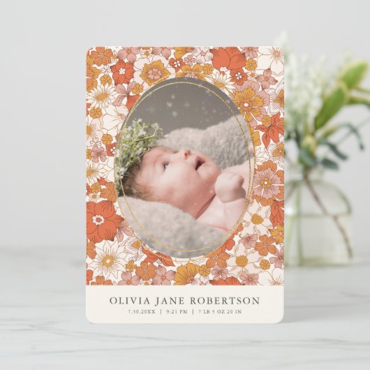 Boho Retro Bloemen Meisje Foto Geboorte Aankondigi Kaart (Staand voorkant)