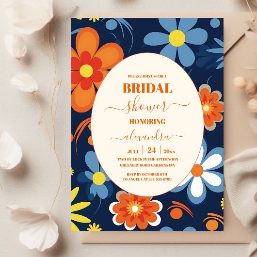 Boho Retro Bloemig Bruidsfeest Kaart