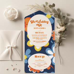 Boho Retro Bloemige Bruiloft All In One Uitnodiging