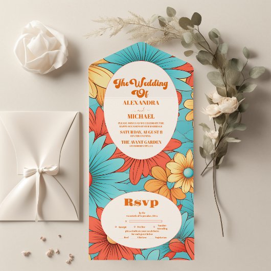 Boho Retro Bloemige Bruiloft All In One Uitnodiging