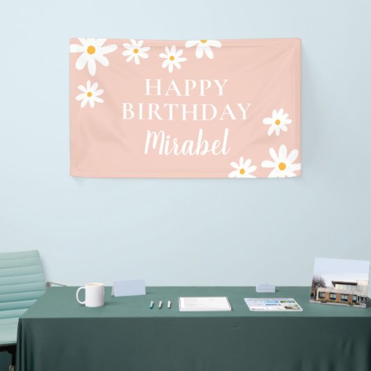 Boho Retro Blush Roze Daisy Bloemen Gelukkige Verj Spandoek (Beurs)