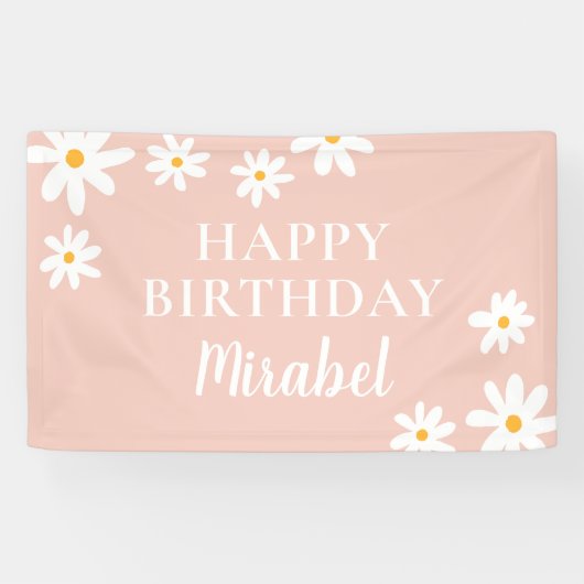 Boho Retro Blush Roze Daisy Bloemen Gelukkige Verj Spandoek (Horizontaal)