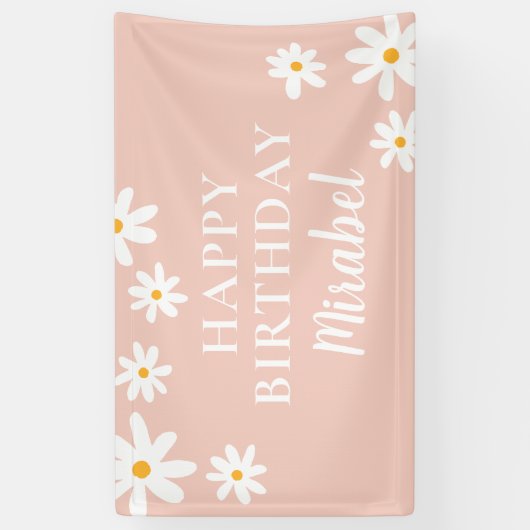 Boho Retro Blush Roze Daisy Bloemen Gelukkige Verj Spandoek (Verticaal)
