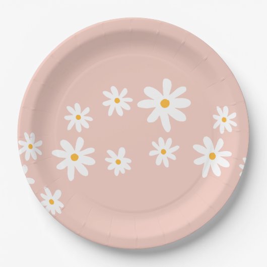 Boho Retro Blush Roze Daisy Bloemen Papieren Bordje (Voorkant)