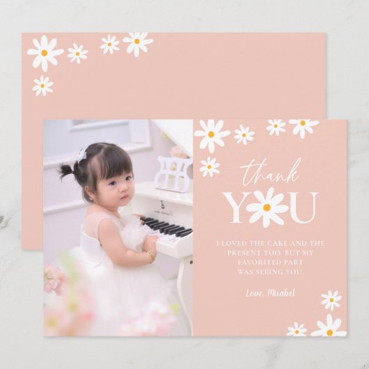 Boho Retro Blush Roze Daisy Meisje Verjaardag Foto Bedankkaart (Voorkant / Achterkant)