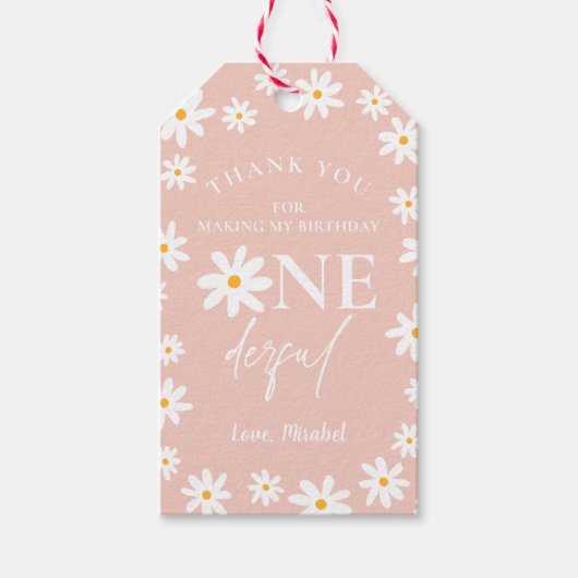 Boho Retro Blush Roze Daisy Wild Een 1e Verjaardag Cadeaulabel (Voorkant)