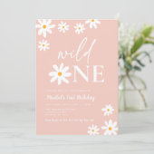 Boho Retro Blush Roze Daisy Wild Een 1e Verjaardag Kaart (Staand voorkant)