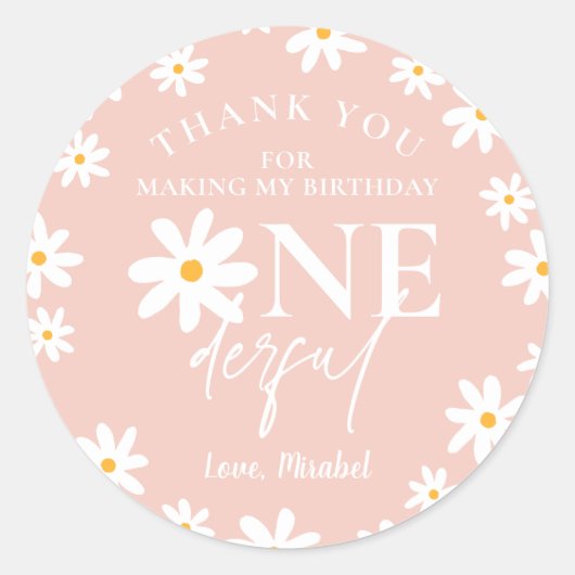 Boho Retro Blush Roze Daisy Wild Een 1e Verjaardag Ronde Sticker (Voorkant)