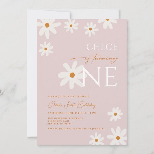 Boho retro blush roze madeliefje meisje eerste ver kaart (Voorkant)