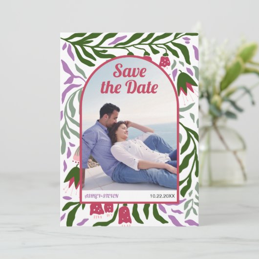Boho retro boog kleurrijke folklore bloemen magent save the date (Staand voorkant)