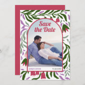 Boho retro boog kleurrijke folklore bloemen magent save the date (Voorkant / Achterkant)