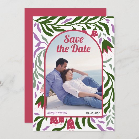 Boho retro boog kleurrijke folklore bloemen magent save the date (Voorkant / Achterkant)