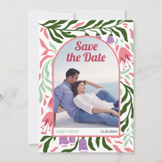 Boho retro boog kleurrijke folklore bloemen save the date (Voorkant)