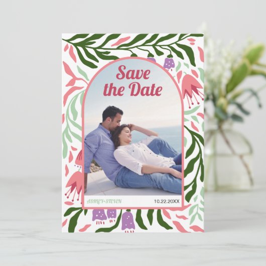 Boho retro boog kleurrijke folklore bloemen save the date (Staand voorkant)