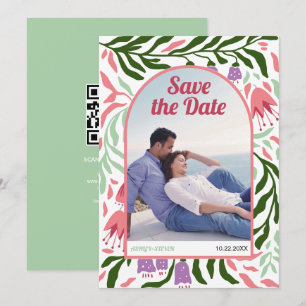 Boho retro boog kleurrijke folklore bloemen save the date