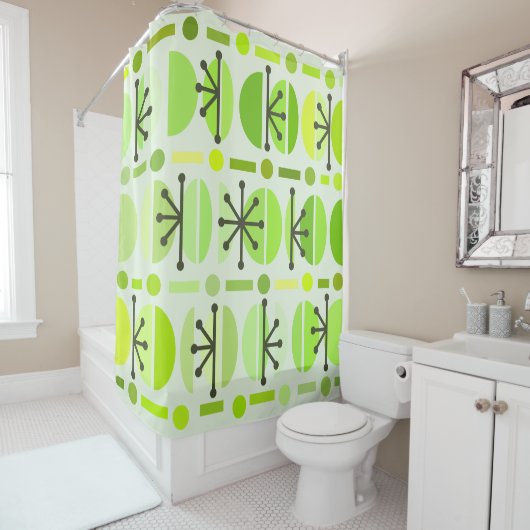Boho Retro Bowls Lines Chartreuse Douchegordijn (In situ)