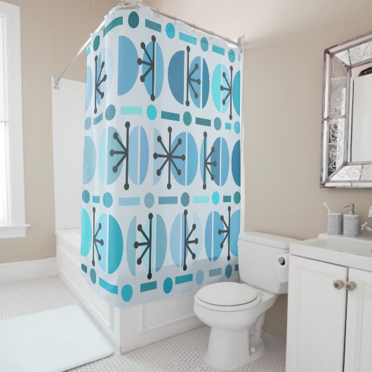 Boho Retro Bowls Lines Turquoise Douchegordijn (In situ)
