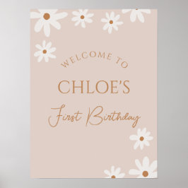 Boho Retro Brown Daisy Verjaardag Welkom Poster