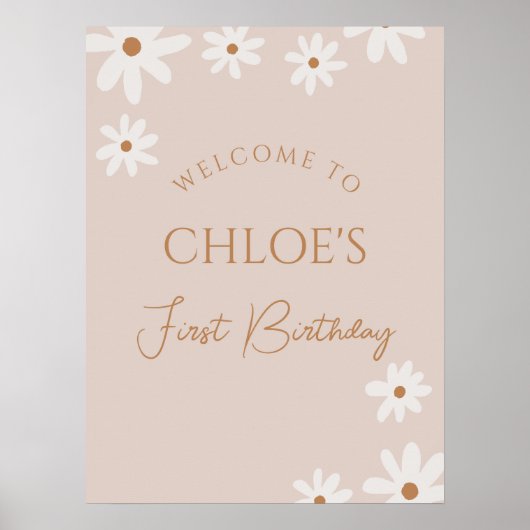 Boho Retro Brown Daisy Verjaardag Welkom Poster (Voorkant)