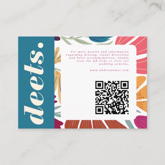 Boho Retro Chic Kleurrijke Bloemen Bruiloft Detail Informatiekaartje (Voorkant)