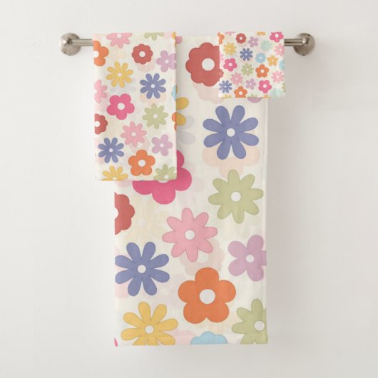 Boho Retro Daisy Flowers, zomer 70 Bad Handdoek (Insitu)