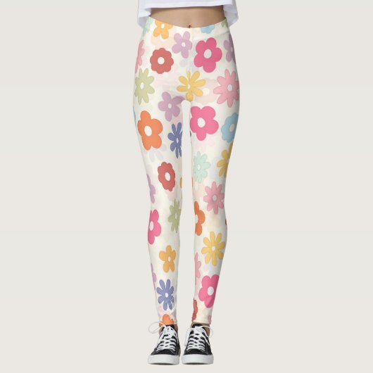 Boho Retro Daisy Flowers, zomer 70 Leggings (Voorkant)