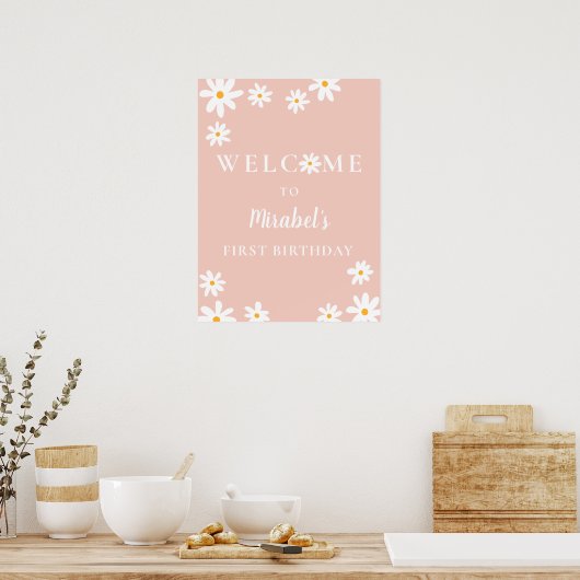 Boho Retro Daisy Wild Een 1e Verjaardag Welkom Poster (Keuken)
