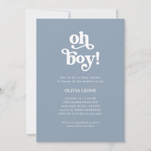 Boho Retro Dusty Blue | Oh Boy Baby shower Kaart (Voorkant)