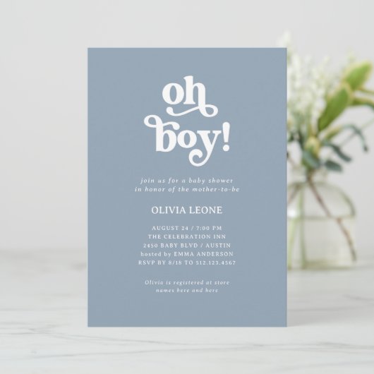 Boho Retro Dusty Blue | Oh Boy Baby shower Kaart (Staand voorkant)