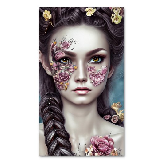 Boho Retro Fantasy Meisje met bloemen Magnetisch Visitekaartje (Voorkant Verticaal)