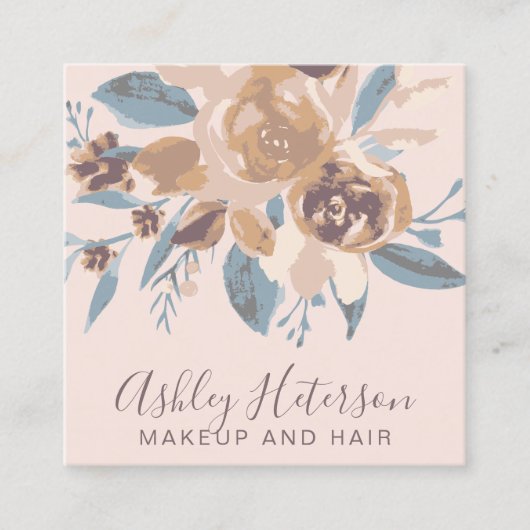 Boho retro floral waterverf make-up haar logo vierkante visitekaartje (Voorkant)