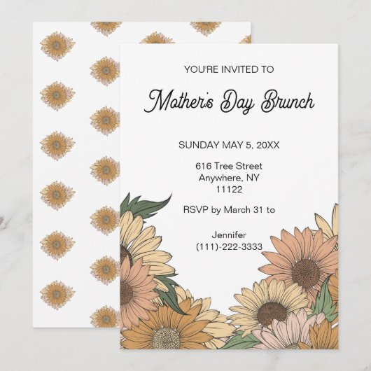 Boho Retro Flowers Moederdag Brunch Uitnodiging (Voorkant / Achterkant)