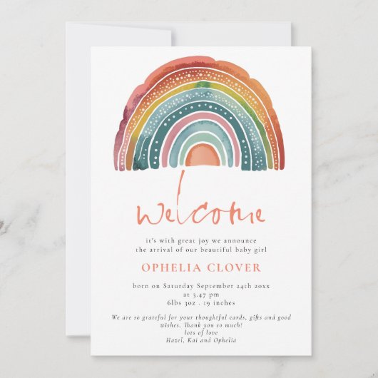 Boho Retro gekleurde regenboog welkom foto geboort Aankondiging (Voorkant)