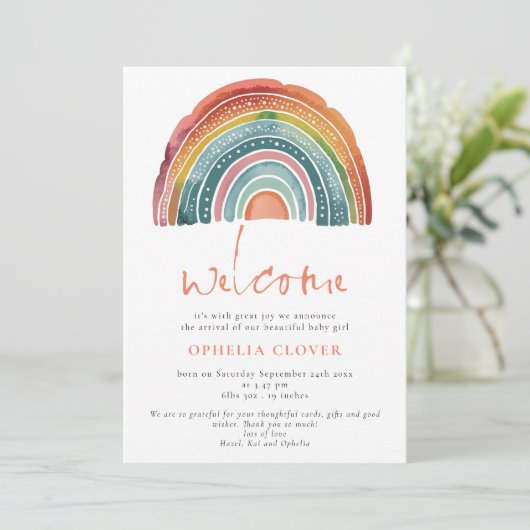 Boho Retro gekleurde regenboog welkom foto geboort Aankondiging (Staand voorkant)