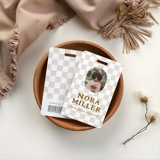 Boho Retro Geruit Patroon Foto ID Barcode Badge