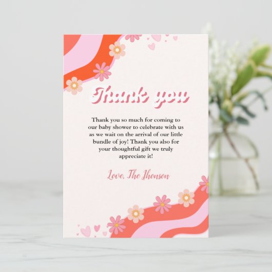Boho Retro Groovy Daisy baby shower bedankje Aankondiging (Staand voorkant)