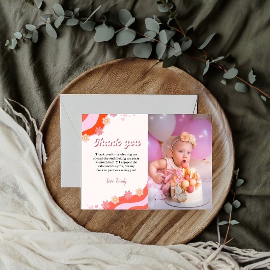 Boho Retro Groovy Daisy Verjaardag bedankje Aankondiging