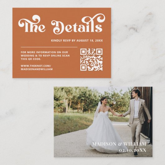 Boho Retro jaren 70 Burnt Sinaasappel bruiloft web Informatiekaartje (Voorkant / Achterkant)