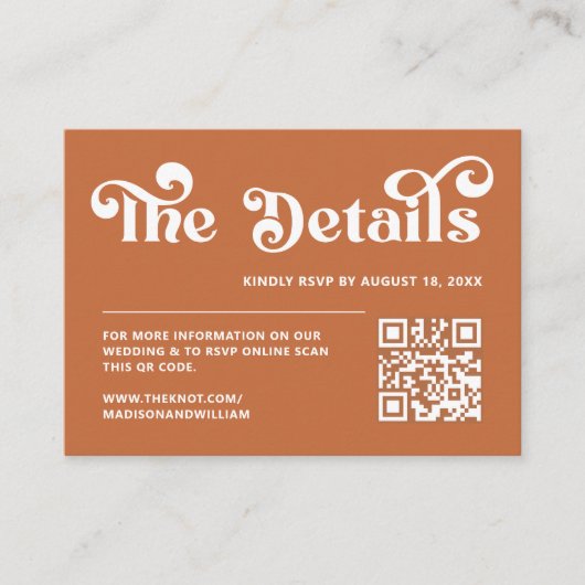 Boho Retro jaren 70 Burnt Sinaasappel bruiloft web Informatiekaartje (Voorkant)