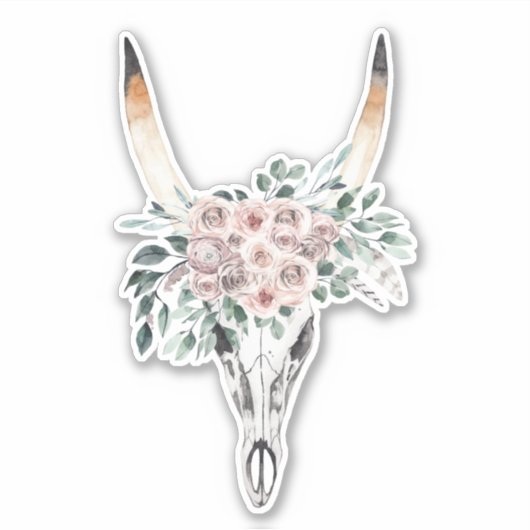 Boho retro  koe steer horns schedel sticker (Voorkant)