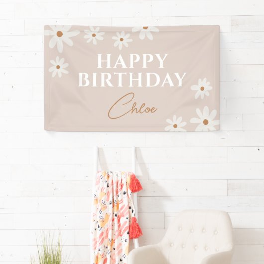 Boho Retro Lichtbruin Daisy Bloemen Gelukkige Verj Spandoek (Insitu)