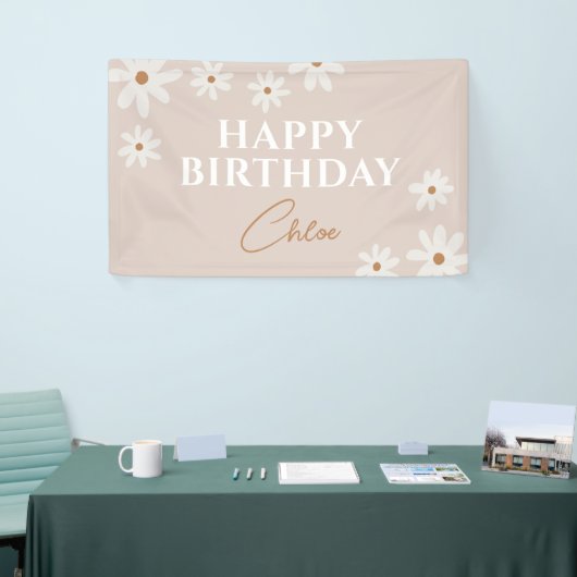 Boho Retro Lichtbruin Daisy Bloemen Gelukkige Verj Spandoek (Beurs)