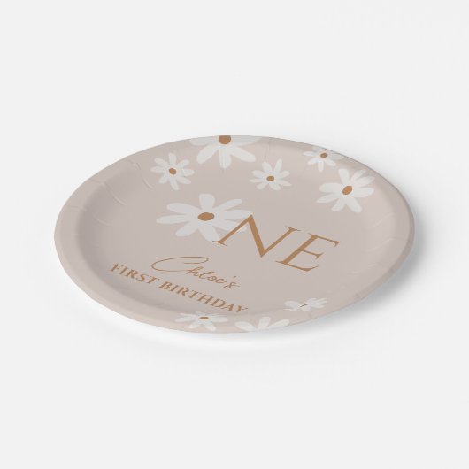 Boho retro lichtbruin Daisy meisje eerste verjaard Papieren Bordje (Gekanteld)