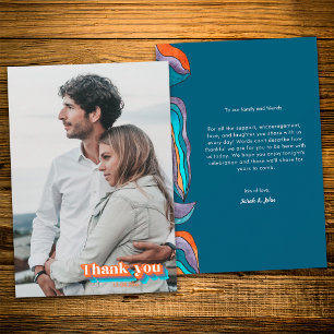 Boho Retro Oranje en Blauwe Typografie Golvende Li Bedankkaart