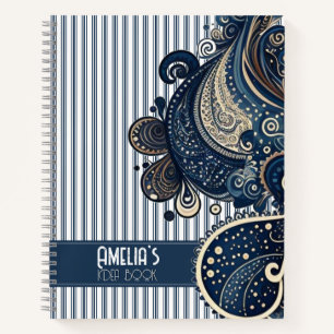 Boho Retro Paisley Blue Stripes Idea Notitieboek