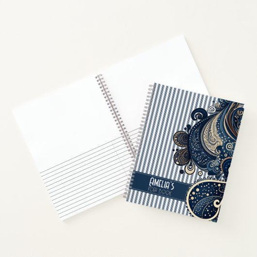 Boho Retro Paisley Blue Stripes Idea Notitieboek (Binnen)